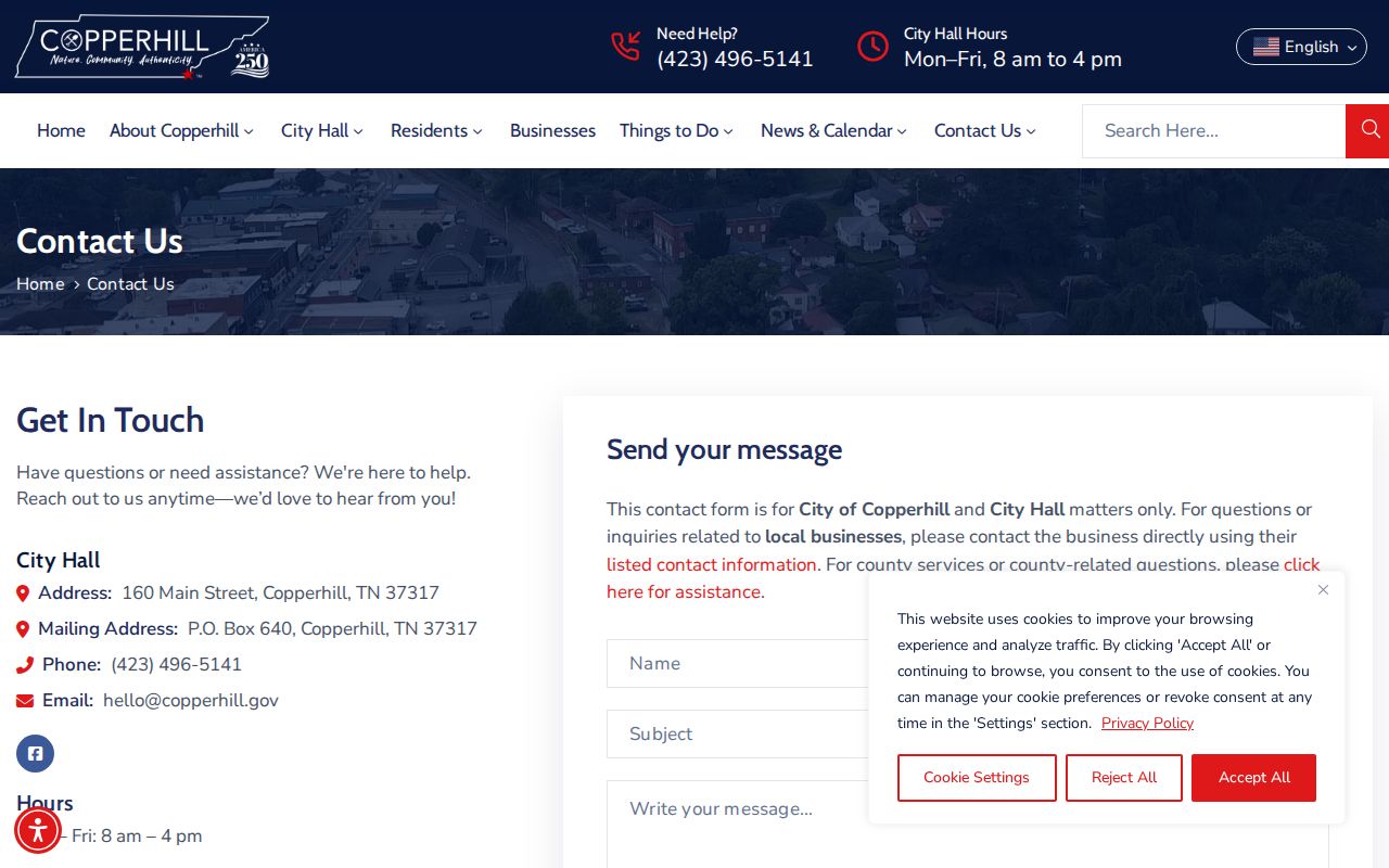 Copperhill contact page used to verify municipal court record routing